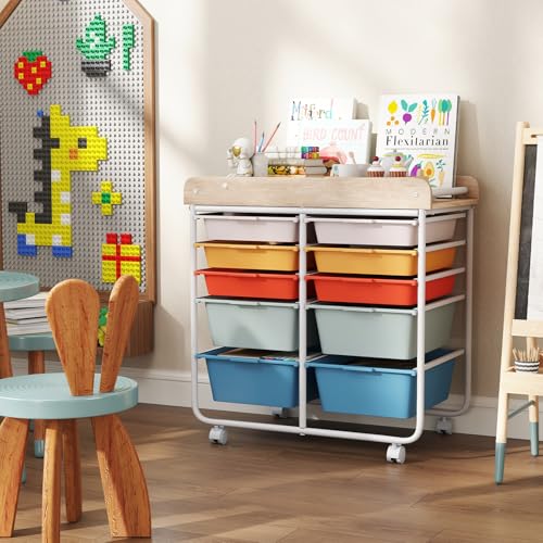 Giantex Rolling Storage Cart with 10 Drawers, Utility Cart w/Wooden Tabletop, Handle, Lockable Wheels, Multipurpose Organizer for Art Craft Scrapbooks Paper, Drawer Carts for School Office, Macaron - color: Macaron, size: 10 Drawer-25.5"x14.5"x26.5"