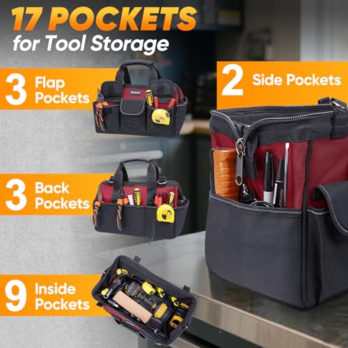 TICONN Heavy Duty Tool Bag Organizer, Portable Tool Box with Shoulder Strap - color: Red, size: 16" Standard Base