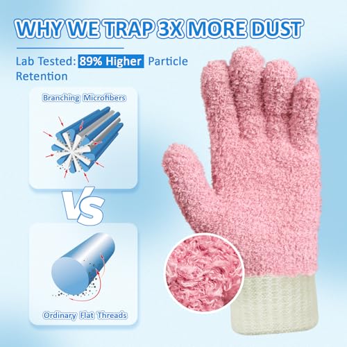 MIG4U Microfiber Dusting Gloves House Cleaning Glove for Blinds, Windows, Shutters, Furniture, and Car, Reusable Lint-Free Pink 1 Pair S/M - color: Pink 1 Pair