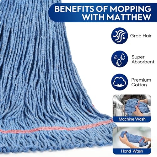 Matthew Cleaning 20oz Heavy Duty Mop Head Commercial Replacement for General and Floor Cleaning, Wet Industrial Blue Cotton Looped End String Head Refill (Pack of 3) Blue - color: Blue, size: 3 Count (20 Ounce each)