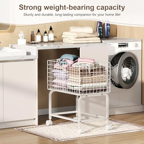 Laundry Basket with Wheels,80L Wire Rolling Laundry Basket with Pull Handle,White High Laundry Cart for Laundry Room,Bathroom,Bedroom-White(23.6 * 15.75 * 28inch) - color: White, size: 23.6*15.75*27.95inch