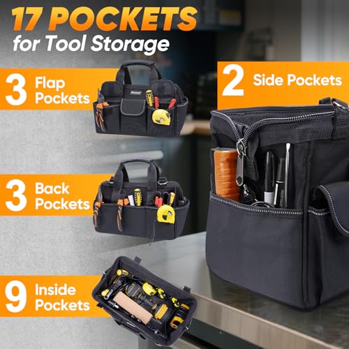 TICONN Heavy Duty Tool Bag Organizer, Portable Tool Box with Shoulder Strap - color: Black, size: 14" Standard Base