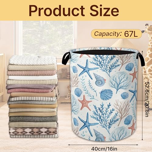 Laundry Hamper Foldable with Handles,Starfish Seashell Oxford Cloth Laundry Basket,Coral Storage Organizer for Bathroom Bedroom Dorm 16"x20.8" - color: Starfish Seashell,Coral