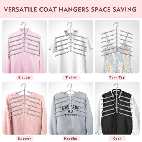 Space Saving Clothes Hangers,6 Tier Non Slip Shirt Hangers Closet Organizer - color: Gray