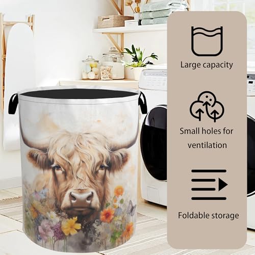 Highland Cow Summer Flowers Large Clothes Hamper Bag - Laundry Basket with Handles, Space Saving Foldable Design for Nursery - color: Highland Cow Summer Flowers