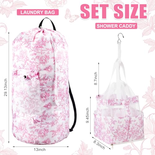2 Pcs Backpack Laundry Bag and Caddy Set for Dorm and Travel, Floral, Pink - color: Pink