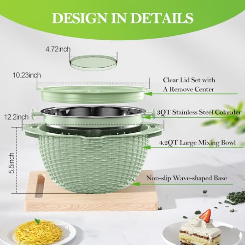 4 in 1 Colander with Bowl Set, Food Strainers and Colanders, Colander for Kitchen, Pasta Strainer, Fruit Washing Bowl, Kitchen Essentials Strainer Basket Bowl, Green, Christmas & New Year Gifts - color: Green