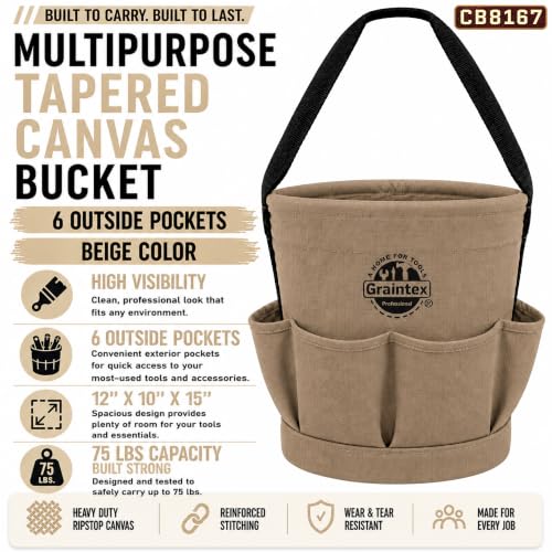 Graintex Tapered Canvas Bucket 12"x10"x15", Utility Tool Bucket 6 Pockets Outside, Reinforced Base & Carry Handle, Ripstop Canvas, Multi-Purpose Bag for Jobsite & Home Use - Beige - color: Beige