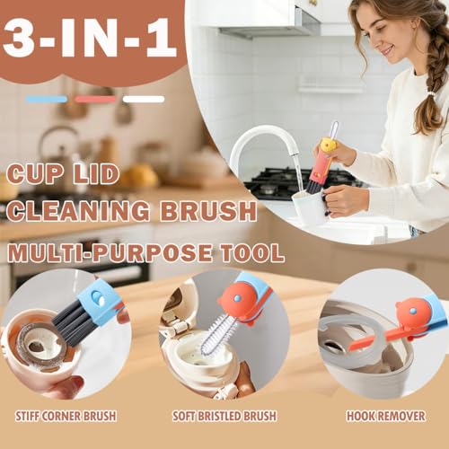3 in 1 Cup Lid Cleaning Brush, Multifunctional Crevice Gap Cleaner for Tumbler Water Bottle Lid, Deep Clean Tool for Home Kitchen, Red Blue White(3 PCS) - color: Red, Blue, White(bear)