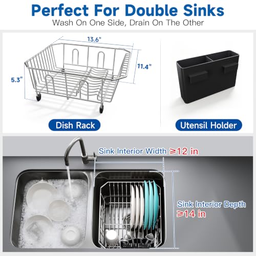 JASIWAY in Sink Dish Drying Rack, Stainless Steel Small Dish Drainer - color: Silver, size: For 12"W x 14"D Double Sink Bottom