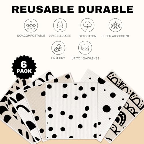 6 Pack Swedish Dishcloths Black White Kitchen Towels 11 - color: Multi 1519