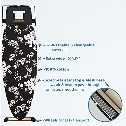 Bartnelli Pro Luxury Ironing Board - Extra Wide 51x19” with Heavy Duty Steam Iron Rest, and Wheels for Easy Storage, Adjustable Height, T-Leg, Foldable, European Made - style: Luxury-Wheels