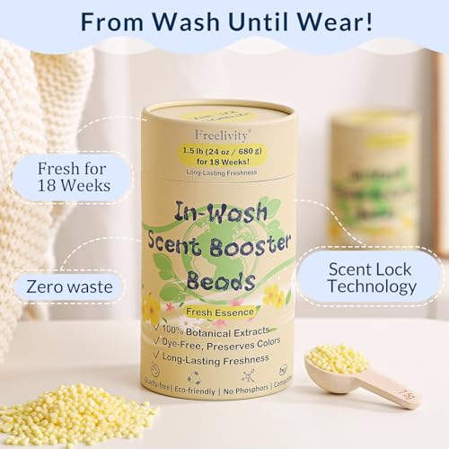 Freelivity In‑Wash Scent Booster Beads – Fresh Essence Scent, Laundry Beads fabric softener, 24 oz – Lasts Up to 70 Washing Cycles – Eco‑Friendly & Safe for Babies and Kids - size: 24 Ounce (Pack of 1)