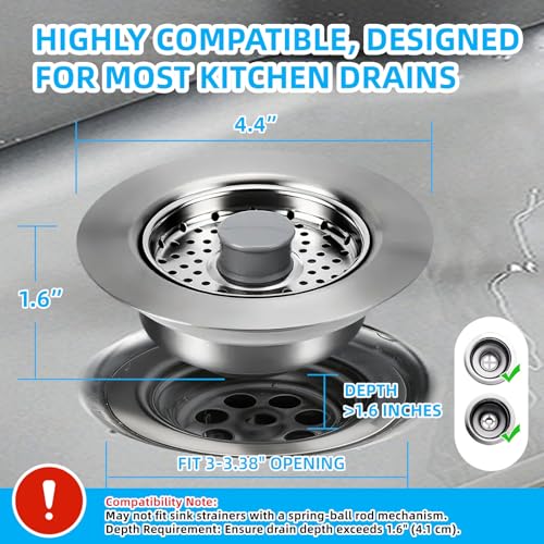 Sink Drain Strainer - Kitchen Sink Stopper, 3 In 1 Kitchen Sink Drain Strainer with Anti-Clogging Basket, Fit US Standard 3-1/2'' Sink Hole - color: Sliver