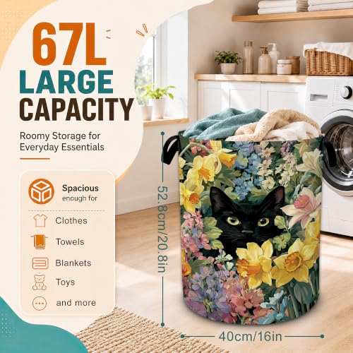Cute Black Cat Laundry Basket,Flower Daffodils Tulips Foldable Oxford Laundry Hamper with Handles,Collapsible Clothes Storage Basket for Bedroom,Bathroom,or Laundry Room,20.8 x 16 Inches - color: Cute Black Cat Flower Daffodils Tulips