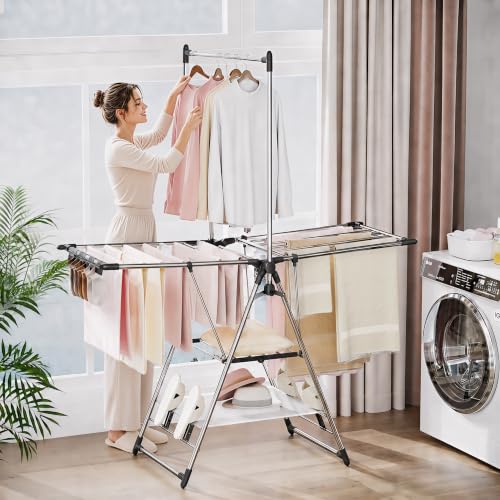 APEXCHASER Clothes Drying Rack with High Hanger, 3-Level Drying Racks - color: Silver, size: 2 Wings