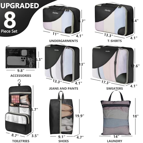 OlarHike 8 Set Packing Cubes for Travel,Gifts for Women Mom,Anti-Tearing Suitcase Organizer,with Over 1000 pcs Mesh Holes,Vacation Essentials & Accessories for Cruise Ship - color: 03 Black