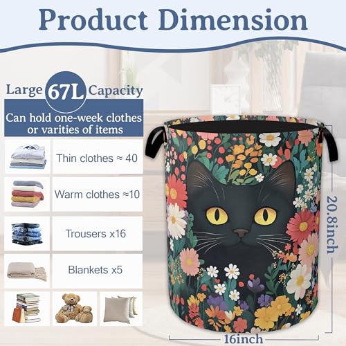 Cute Funny Black Cat Laundry Basket,Oxford Cloth Flower Laundry Hamper With Handle Foldable Portable Clothes Storage Basket for Laundry Room/Bedroom/Bathroom 20.8"x16" - color: Cute Funny Black Cat Flower