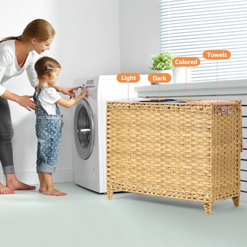 Laundry Hamper with 4 Removable Liner Bags, 176L Laundry Sorter with Lid - color: Natural, size: 176L-4 Section
