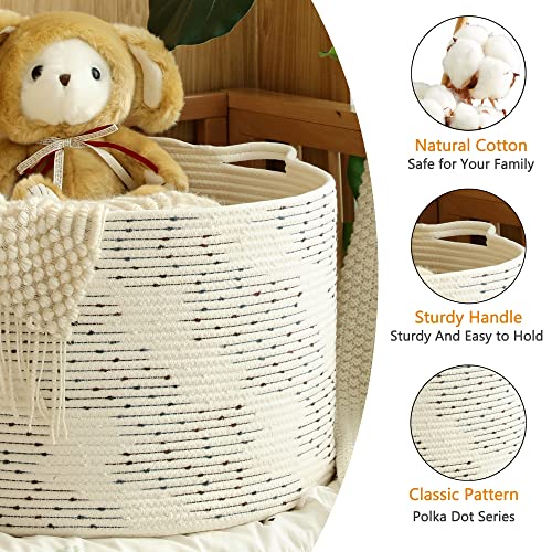 KAKAMAY Large Blanket Basket (20"x13"),Woven Baskets for storage Baby Laundry Hamper,Cotton Rope Blanket Basket for Living Room, Laundry, Nursery, Pillows, Off White with Blue & Brown Dotted Pattern - color: White Dot