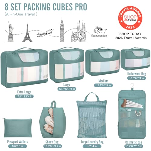 Veken 8 Set Packing Cubes for Travel Essentials,Anti-Wrinkle Buckled Suitcase Organizer for Shoe & Toiletry Bag,Carry On Luggage Bag with 99+ Count Mesh Holes for Airplane & College Dorm Accessories - color: 15 Blue Gray