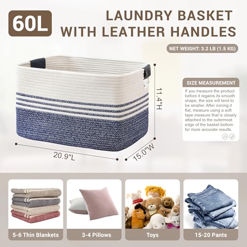 60L Woven Laundry Basket Hamper with Leather Handles,Denim Blue - color: Denim Blue, size: 60L