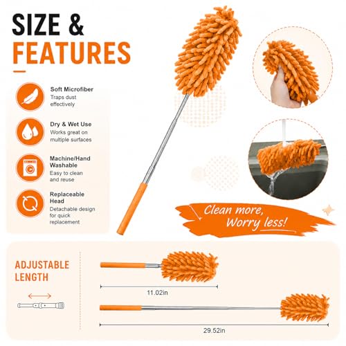 Microfiber Feather Duster with 30 in Telescoping Pole, Washable Chenille Head for Ceiling Fans, Blinds and Furniture, Orange - color: Orange