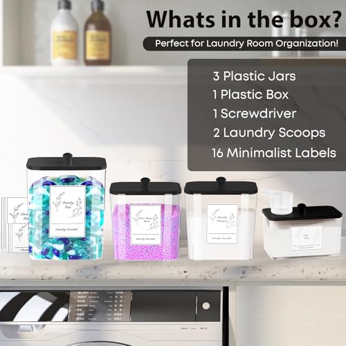 COAZEX 4 Pack Clear Laundry Pods Container & Dryer Sheet Holder,Black Lids - color: Black-Square-White Labels