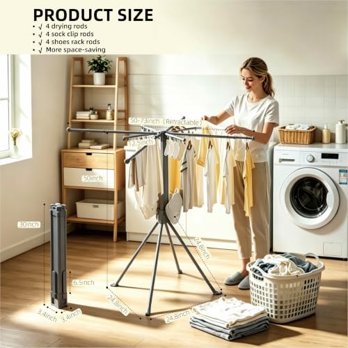4-Legged Clothes Drying Rack Foldable, Drying Rack Clothing Floor Standing Laundry Drying Rack Collapsible Drying Racks with Sock Clips & Shoe Holders for Indoor and Outdoor Balcony Bedroom Apartment - color: Silver