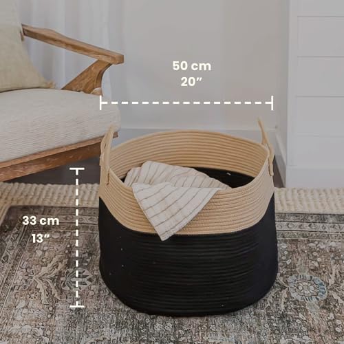 OrganiHaus Round Toy Basket & Blanket Basket, Cotton Rope 20x13" - color: Black / Honey, size: Wide