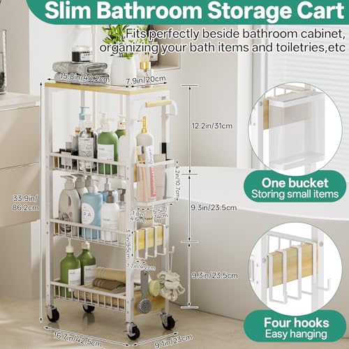 DTUQYX Laundry Room Organization Cart, 4 Tier Slim Rolling Cart for Small Narrow Spaces, Storage Shelf Cabinet with Wheels for Bathroom, Utility Room, Kitchen, Near Washer Dryer (9.1" Overall Width) - color: White, size: 7.88"W Wooden Wire Basket