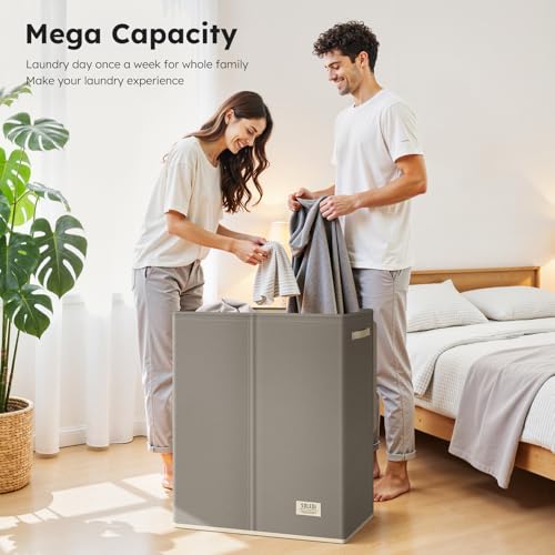 SOLEDI Large Double Laundry Hamper with Lid, Collapsible Clothes Hamper 2 section with Removable Bags, Space-Saving Laundry Basket for Bedroom, Dorm, College - color: Concrete Gray, size: 145l