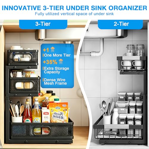 Under Sink Organizer,3-Tier Thickened Metal Pull out Cabinet OrganizerShelf - color: black 3-tier Under Sink Organizer-1p
