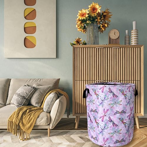 Watercolor Dragonfly Laundry Basket Oxford Cloth Foldable Hamper18.9x16.5In - color: Pink Wtercolor Dragonfly