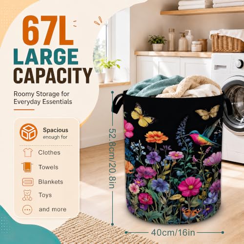 Wildflowers Laundry Basket,Hummingbirds Butterfly Foldable Oxford Laundry Hamper with Handles,Portable Clothes Tote Bag Clothes Storage Bucket Organizer 20.8" x16" For Bathroom/Laundry Storage/Bedroom - color: Wildflowers Hummingbirds Butterfly
