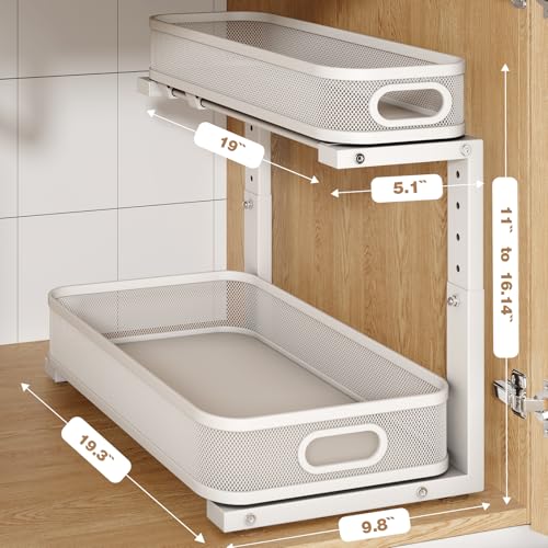 2 Pack 19.3IN-Depth Under Sink Organizer with Smooth Cylindrical Rail,2-Tier Pull Out Multi-Purpose Cabinet Storage for Bathroom&Kitchen,Height Adjustable,Rust-Resistant Coating-White - color: White, size: 2 Pack-19.3"Depth