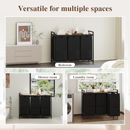 Laundry Sorter, Black, 3-Section, 36.6x13x28.5 in - size: 3 Bags-145.5L / Rustic Brown + Black