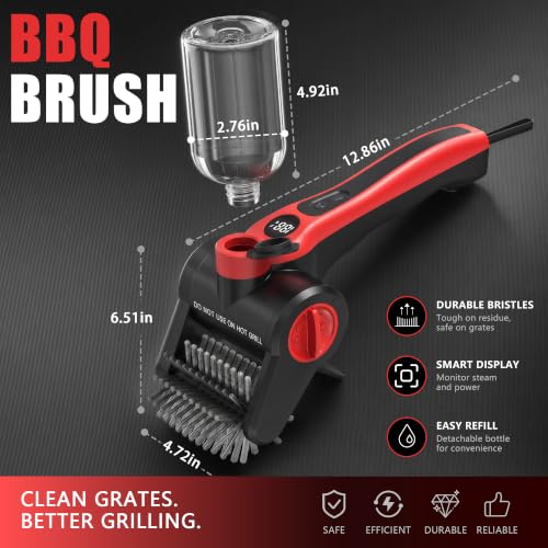 Electric Grill Brush with Water Spray System, Cordless BBQ Grill Cleaner, Rechargeable Power Scrubber for Gas, Charcoal & Pellet Grills, IPX8 Waterproof Grill Cleaning Brush with Scraper & Case
