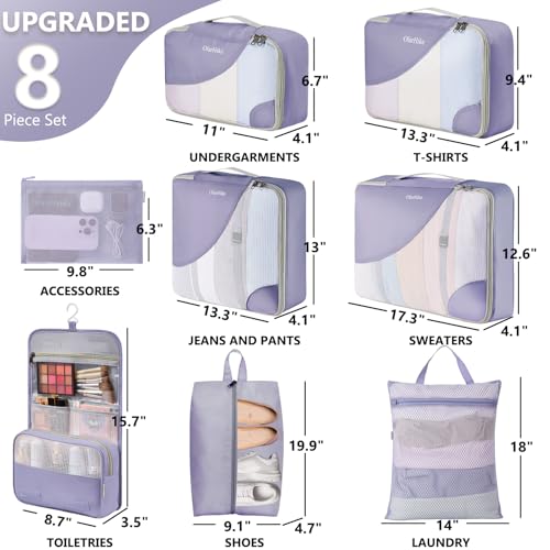 OlarHike Packing Cubes for Travel,Gifts for Women Mom,Anti-Tearing Suitcase Organizer for Luggage with Shoe & Hanging Toiletry Bag,Vacation Essentials & Accessories for Cruise Ship,8 Set,Purple Gray - color: 09 Purple Gray