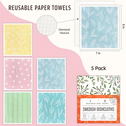 Swedish Dishcloths for Kitchen, 5 Pack Reusable Paper Towels Washable, Super Absorbent Swedish Dish Cloths, Non-Scratch, No Odor - color: 5 Count- Light Color