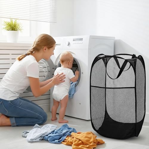 BATTOO Deluxe Strong Mesh Pop up Laundry Hamper Basket with Side Pocket for Laundry Room, Bathroom, Kids Room, College Dorm or Travel 2 Pack Black - color: Black, size: 2 pack