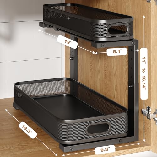 2 Pack 19.3IN-Depth Under Sink Organizer with Smooth Cylindrical Rail,2-Tier Pull Out Multi-Purpose Cabinet Storage for Bathroom&Kitchen,Height Adjustable,Rust-Resistant Coating-Black - color: Black, size: 2 Pack-19.3"Depth