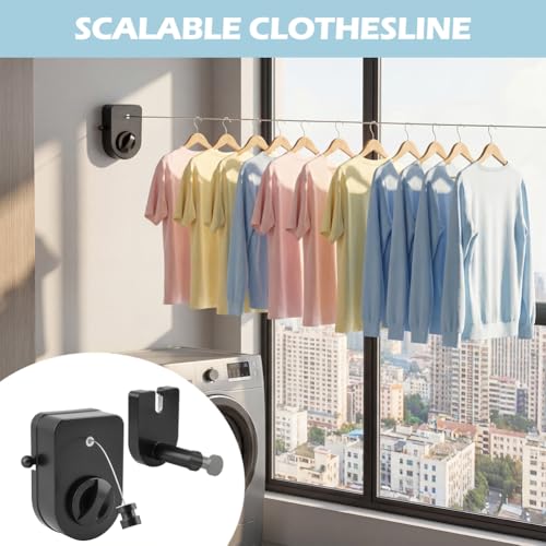 Wall Mount Retractable Clothesline, Indoor 13.7FT Heavy Duty Non‑Sagging Laundry Line with Telescopic Hanging Rod, Space Saving for Apartment Balcony RV, Indoor & Outdoor Drying