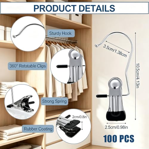 100 Pack Boot Hanger Clips, Heavy Duty Stainless Steel Clothing Hanger Clips with 360° Rotating Hook, Anti‑Slip Closet Organizer Clips for Pants Leggings Towels Socks Boots Home Travel Use, Black