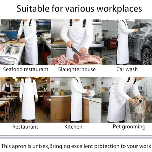 Heavy Duty Waterproof Apron,PVC, Adjustable Cross Strap,Chemical Resistant, for Butchering, Dishwashing, Food Factory - color: White