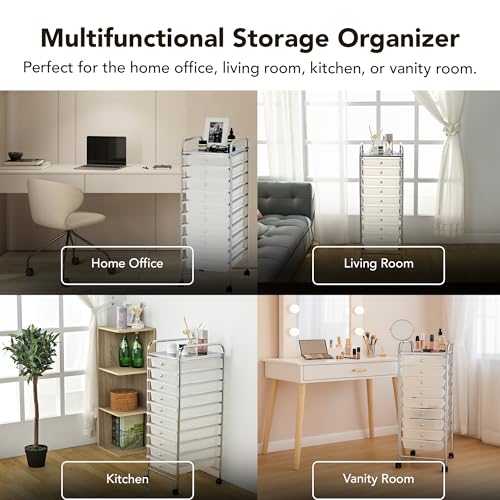 10 Drawer Rolling Storage Cart with Wheels, Slim Utility Organizer, White - color: WHITE