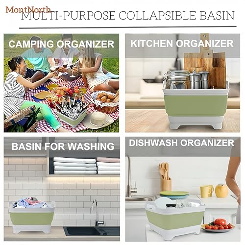 Collapsible Wash Basin 9L, Foldable Dish Tub with Drain Plug, Portable Collapsible Dish Basin, Camping Sink for Washing Dishes, Laundry & Kitchen Use (Green) - color: Green - Set of 1
