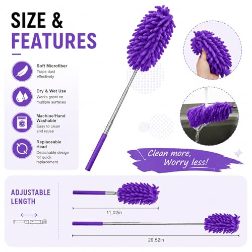 Microfiber Feather Duster with 30 in Telescoping Pole, Washable Chenille Head for Ceiling Fans, Blinds and Furniture, Purple - color: Purple
