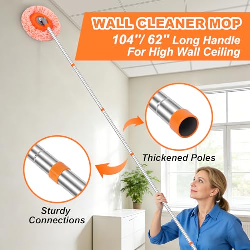 Wall Mop for Painted Walls, Wall Cleaner Mop with 104''/ 62" Long Handle, Dry Mop for Wall Floor Ceiling Cleaning, 2 Reusable Pads (Orange) - size: 104 in / 264 cm