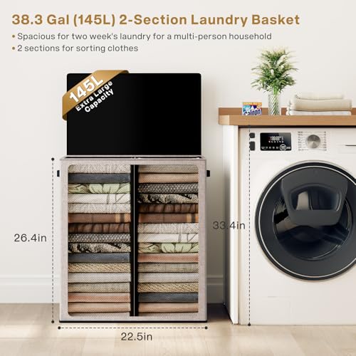SOLEDI Large Double Laundry Hamper with Lid, Collapsible Clothes Hamper 2 section with Removable Bags, Space-Saving Laundry Basket for Bedroom, Dorm, College - color: Beige, size: 145l